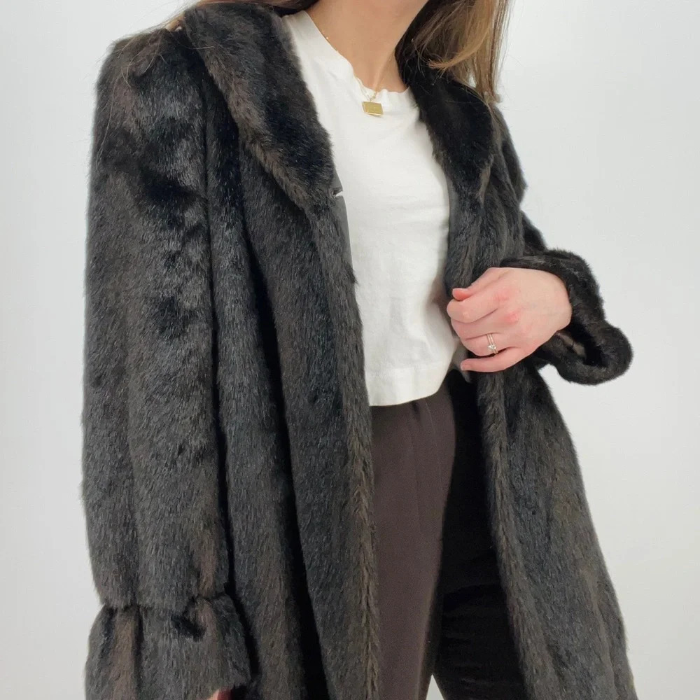 vintage espresso brown faux fur jacket coat one size